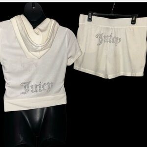 JUICY COUTURE LARGE OYSTER WHITE RHINESTONE VELOUR SHORTS & HOODIE SWEATSUIT NWT